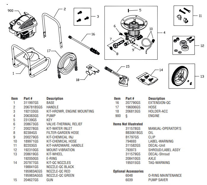 Briggs & Stratton pressure washer model 020439-0 replacement parts, pump breakdown, repair kits, owners manual and upgrade pump.